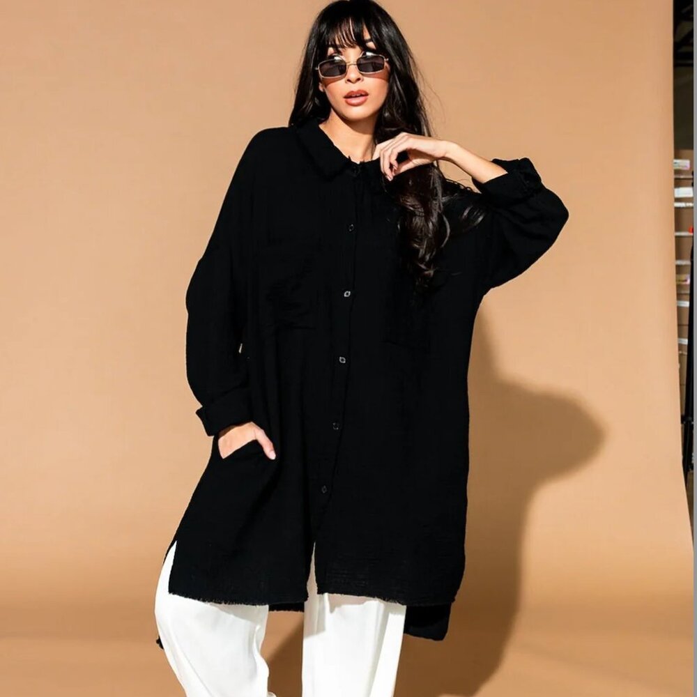 Lala Made Me Do It Oversized Button Up in Black S/M